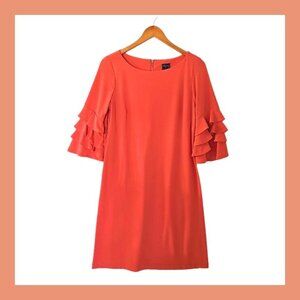Gabby Style Orange‎ Coral Midi Shift Dress Bell Ruffle 3/4 Sleeve size 6
